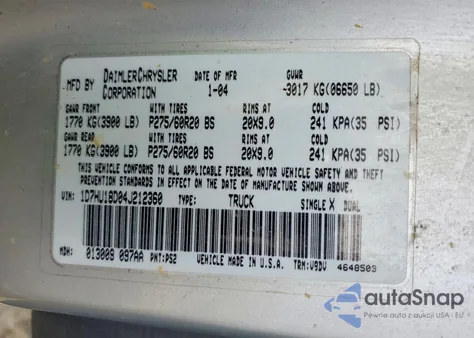 2004 Dodge Ram 1500 St из США, поврежденный, VIN 1D7HU18D04J212360